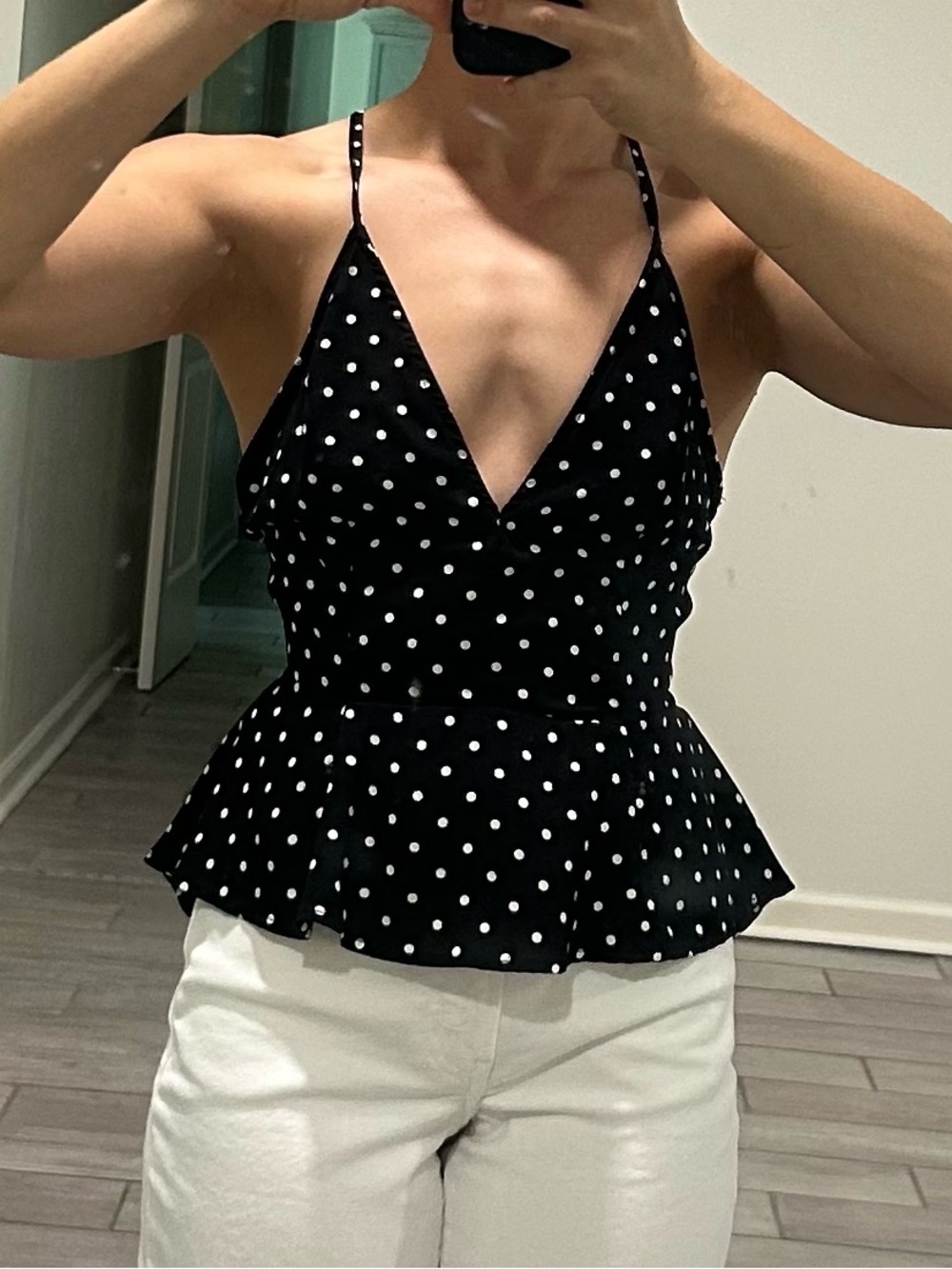 Charlotte Russe Black and White Polka Dot Peplum Camisole
